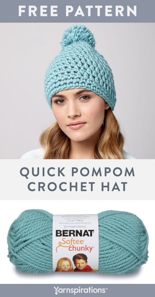 Free Quick PomPom Hat Crochet Pattern Using Bernat Softee Chunky Yarn - Chunky Crochet Hat Free Pattern